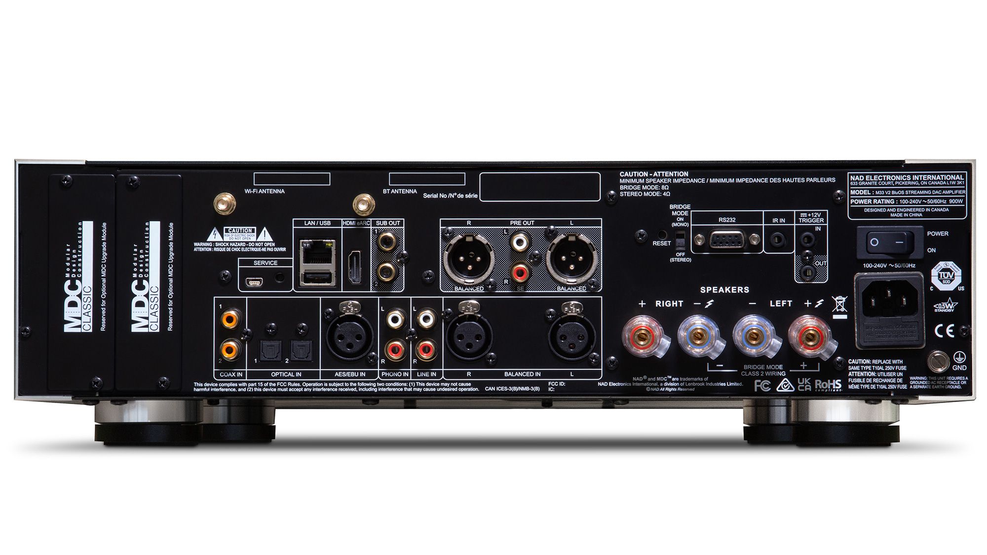 NAD M33 V2 BluOS Streaming-Vollverstärker Rückseite mit Anschlüssen