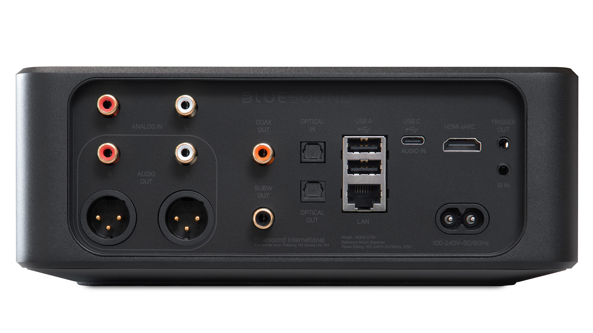 Bluesound NODE ICON Rückseite mit Cinch, XLR, HDMI Anschlüssen