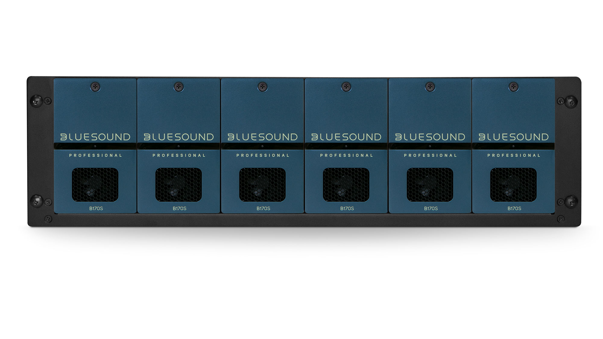 Sechs Bluesound Professional B170S in einem Rack