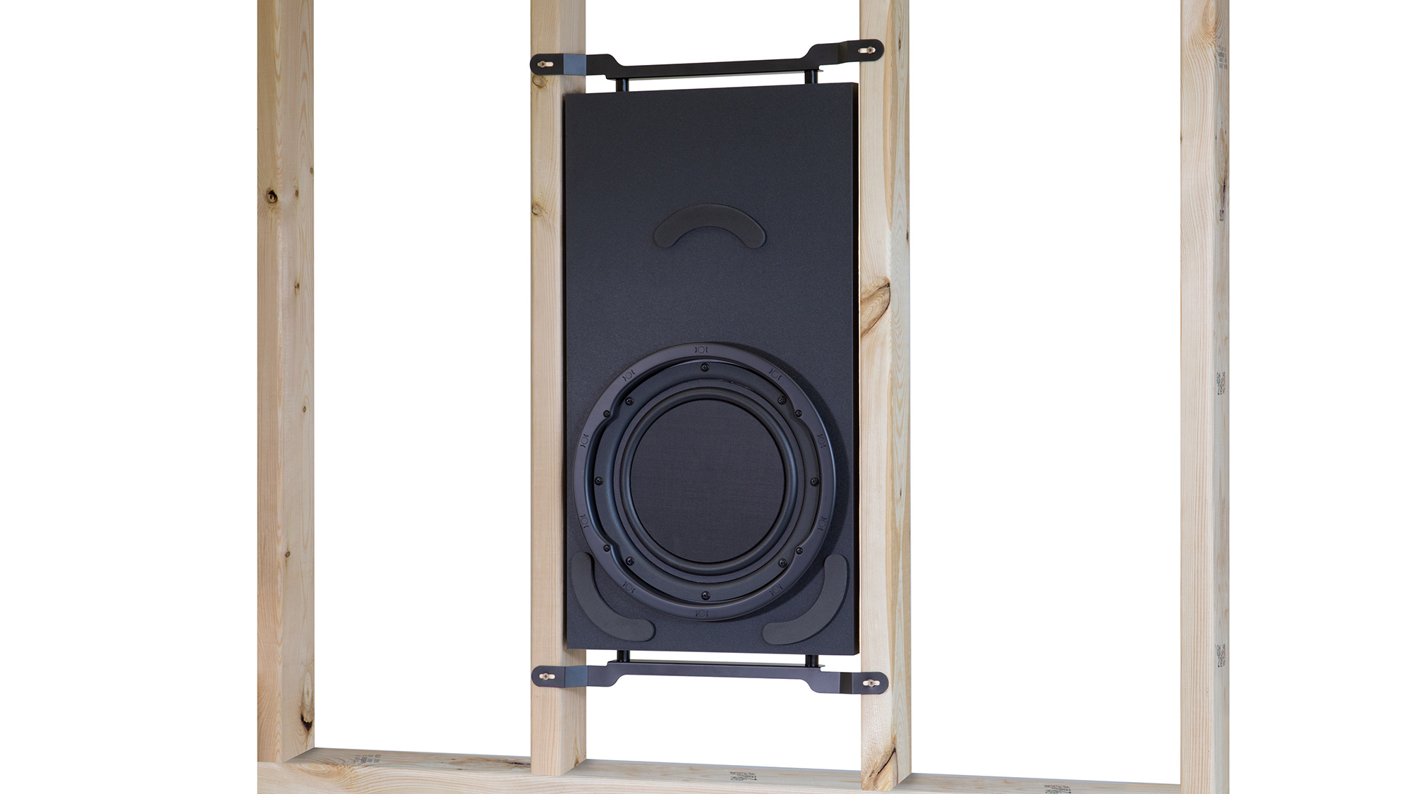 Frontansicht eines in einem Holzrahmen montierten PSB Speakers CS IW SUB 10