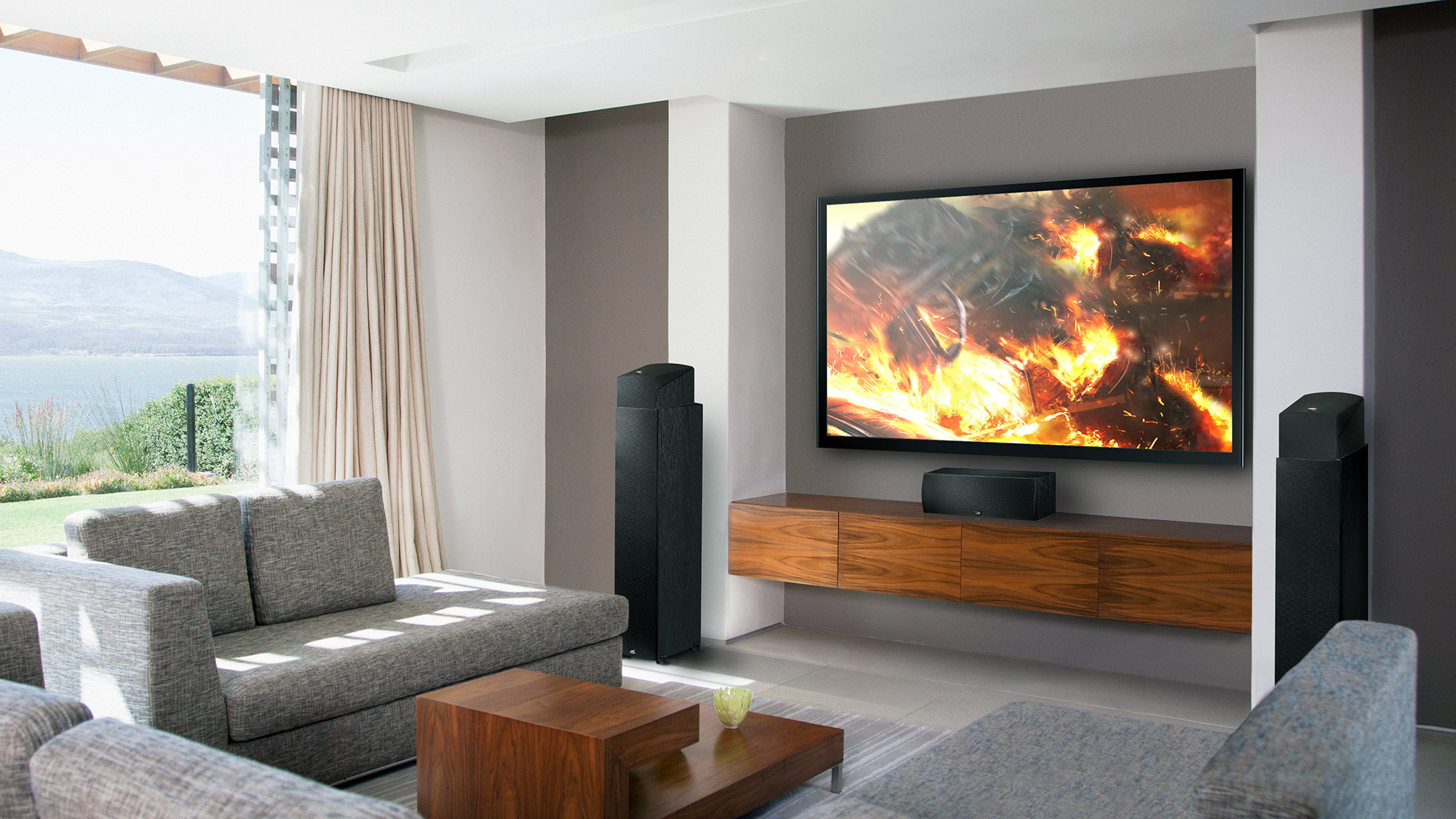 Zwei PSB IMAGINE X XA auf zwei PSB IMAGINE X X2T in einem Wohnzimmer